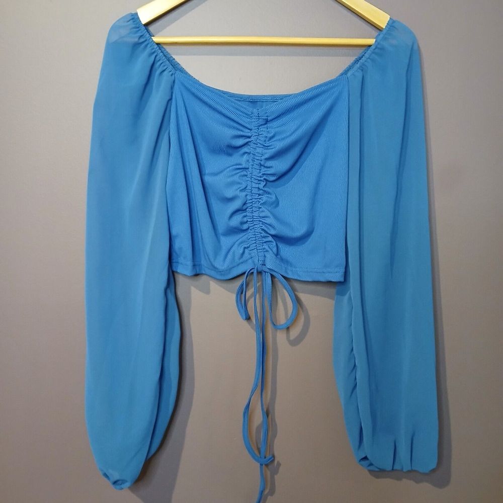 Royal Blue Blouse Size‎ Large Cropped With Chiffon Sleeves NWT!